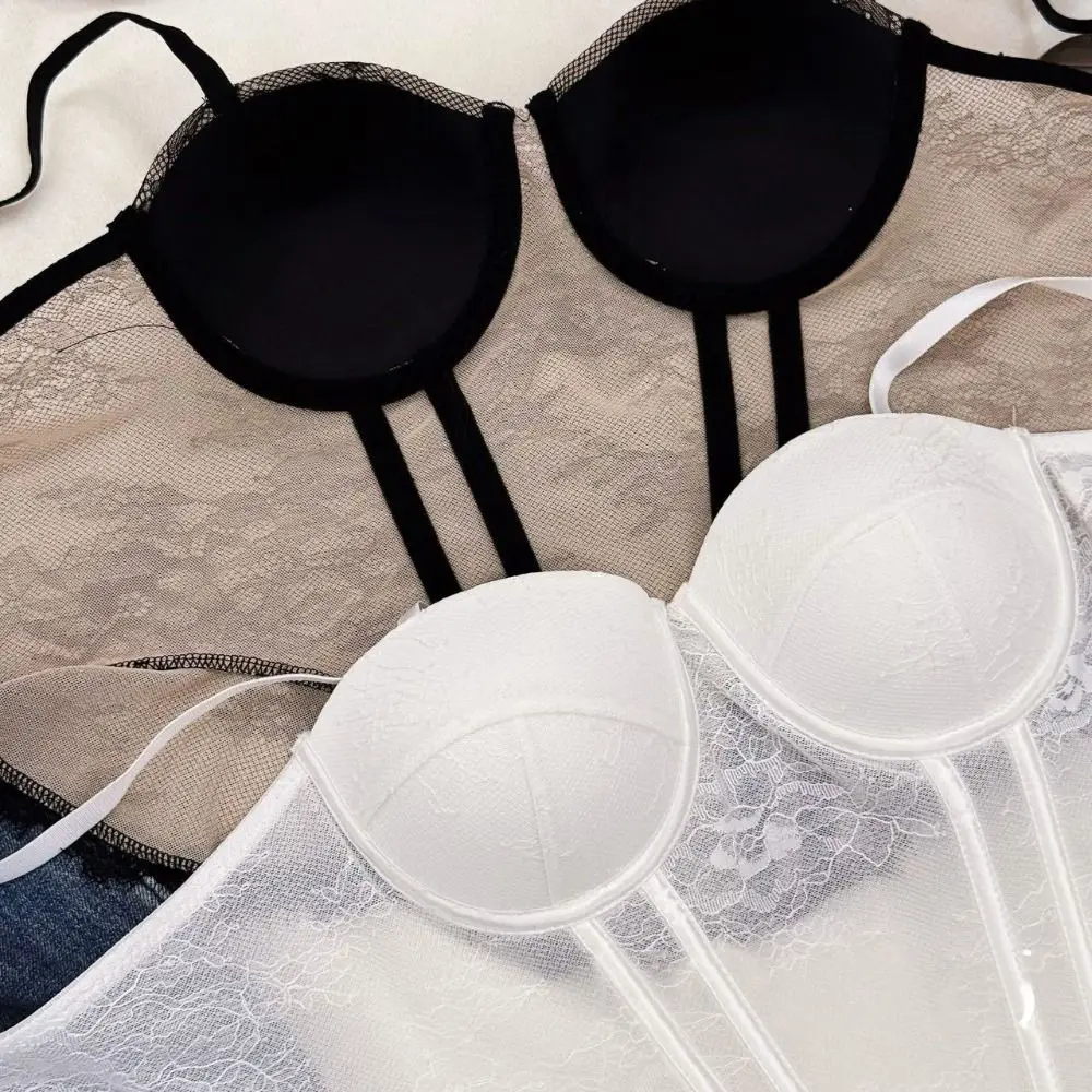 Tanktop aus Mesh-Spitze, transparentes, ärmelloses Crop-Top, Fischgrätenmuster, figurbetontes Spitzenkorsett für Damen – Detail 10
