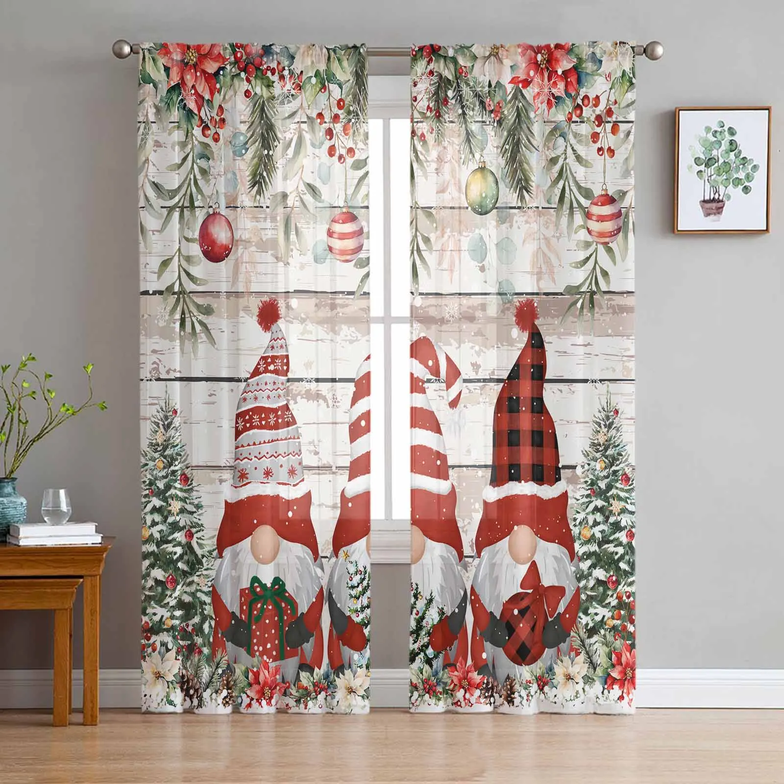 Christmas Ball Dwarf Poinsettia Christmas Tree Sheer Curtains Bedroom Living Room Decoration Kitchen Tulle Voile Window Curtain