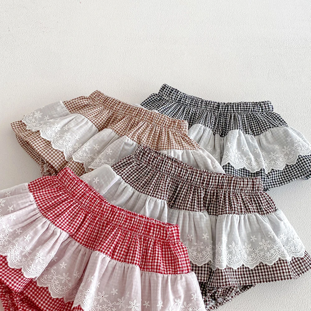 Baby Girls Plaid Skirt Shorts Kids Ruffles Lace Embroidery Pettiskirt Toddler Tutu Skirt Infant Bloomers PP Shorts 0-3t