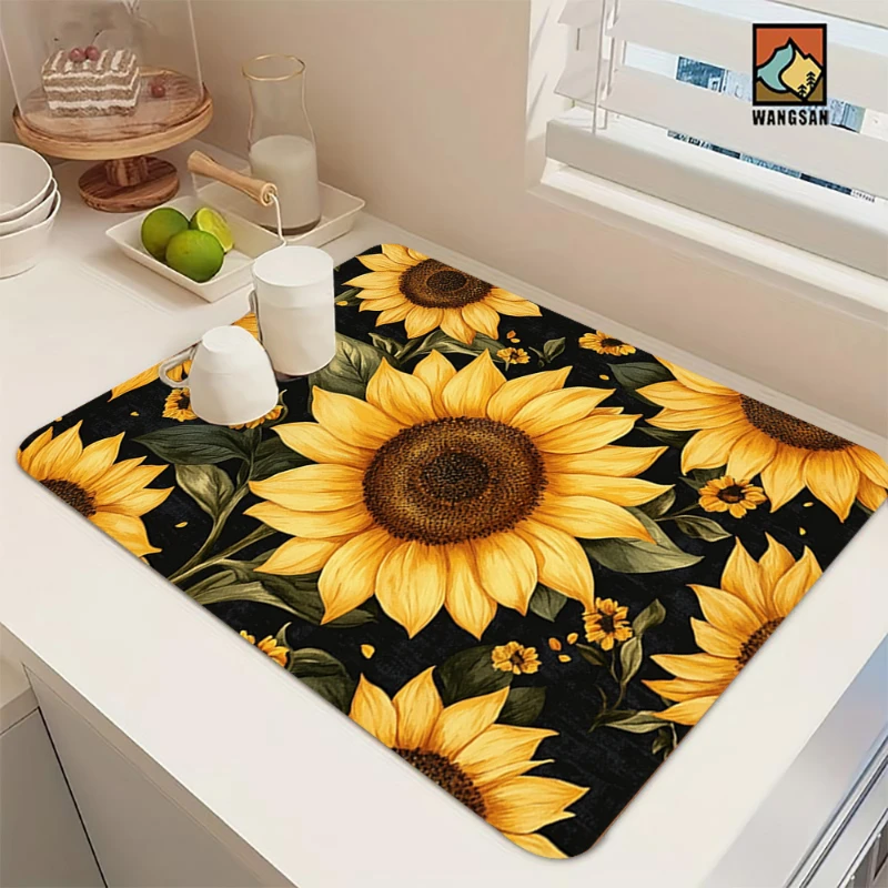 Black Background Sunflower Kitchen Drain Mat,Coffee Machine Counter,Dish Tableware Draining,Non Slip,Quick Dry,Present