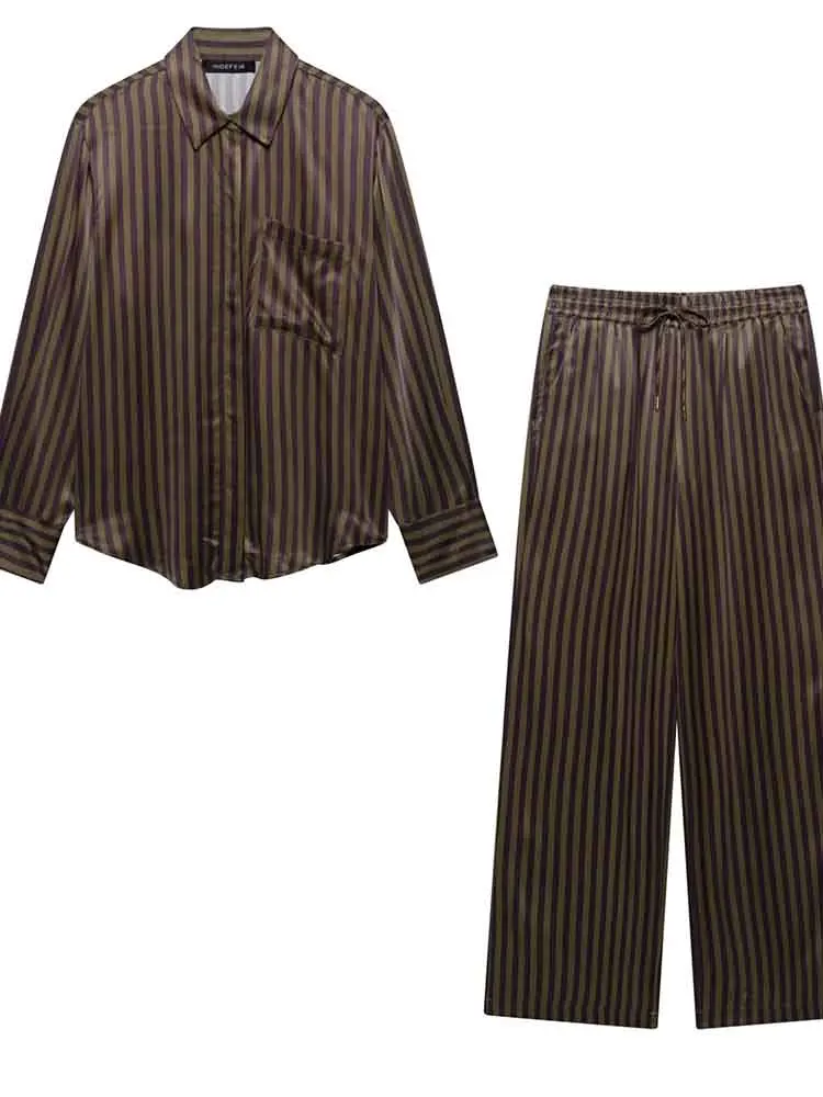 Estilo europeu nova moda feminina versátil simples textura de cetim manga comprida lapela camisa calças listradas terno