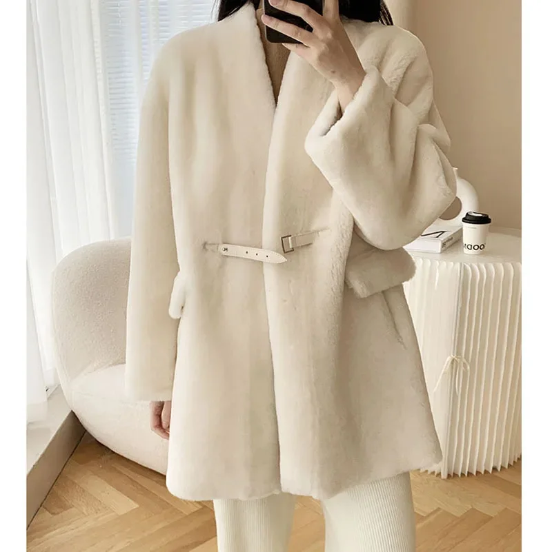 Winter Mid length Fur Coat Sheepskin Wool Lntegrated Waist Slim V-neck Lamb Hair Outdoor Travel Work Lady Business Attire