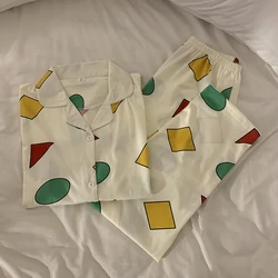 Spring Summer 2024 Crayon Shin-chan Geometric Print Pajama Set Women Two Pieces Short Sleeve Full Length Pants Sleepwear 312909