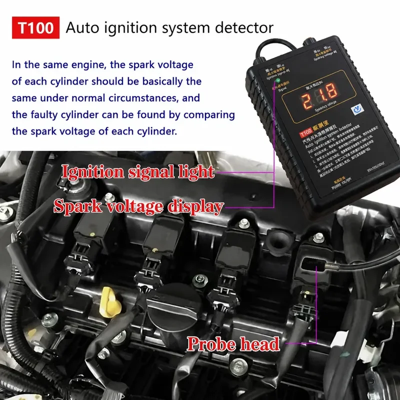T100 Automotive Ignition Coil Spark Detector, 12V 24V Portable COP Cylinder Ignition Voltage Tester, Auto Repair Diagnostic Tool
