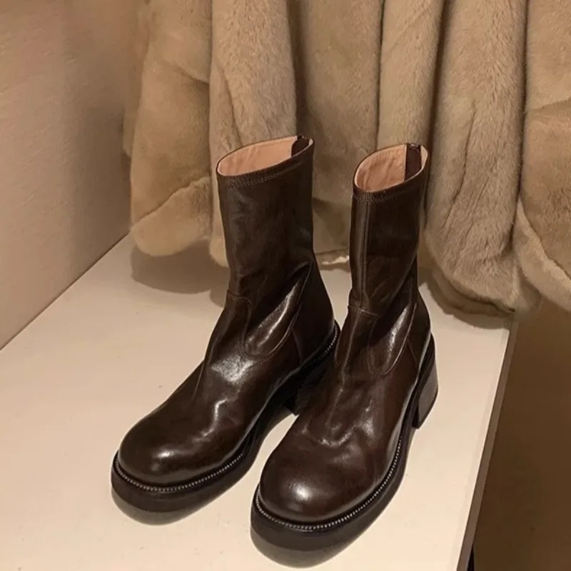 

New Women Shoes Retro Luxury Genuine Leather Ankle Boots for Woman Exquisite Platform Motorcycle Boot Designer Shoes Botas Mujer