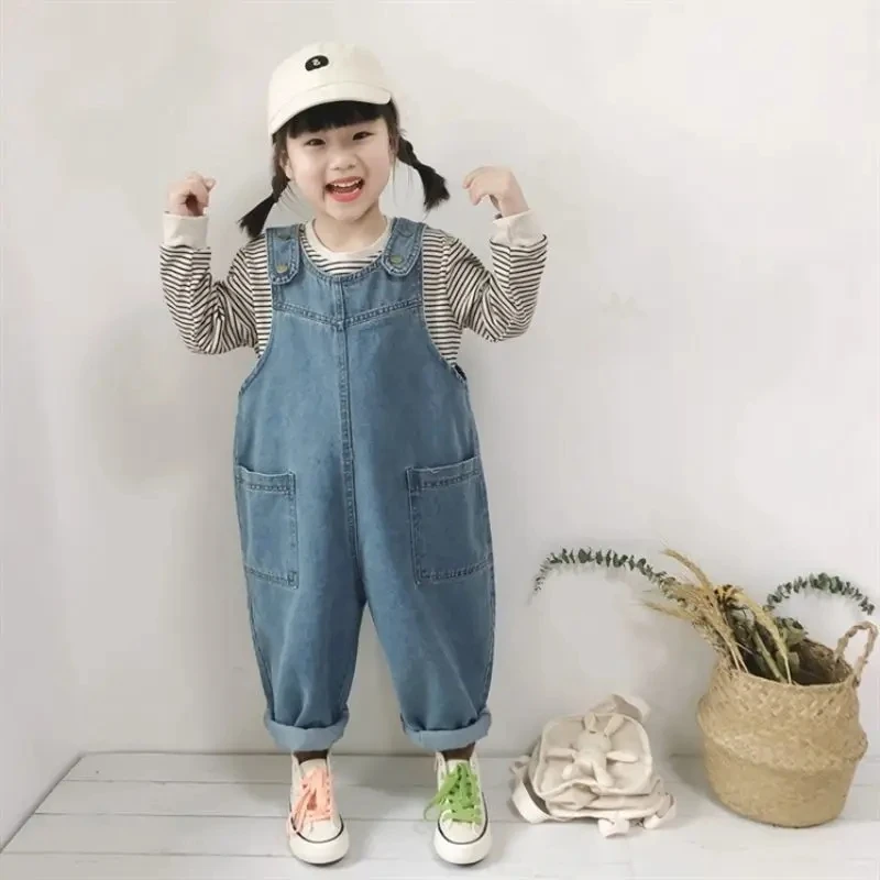 Girls Korean Style Fashion Denim Overalls New Children\'s Loose Denim Overalls Baby Girl Casual Versatile High-waisted Jeans