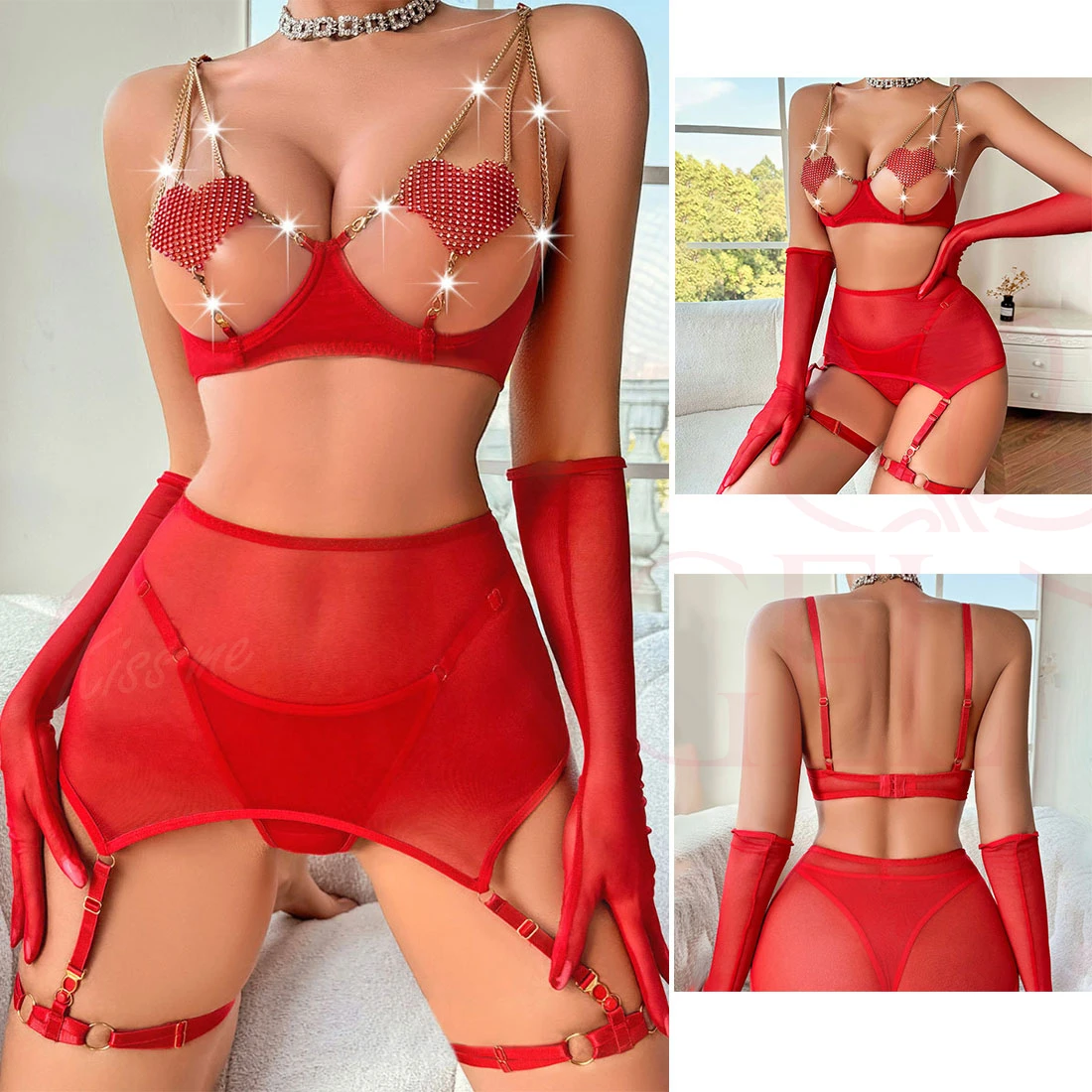 KISS ME ANGEL Lingerie Sexy Women Latex Female Underwear Gloves Women\'s Panties Woman Clothing Transparent Dress Push Up Bra Set