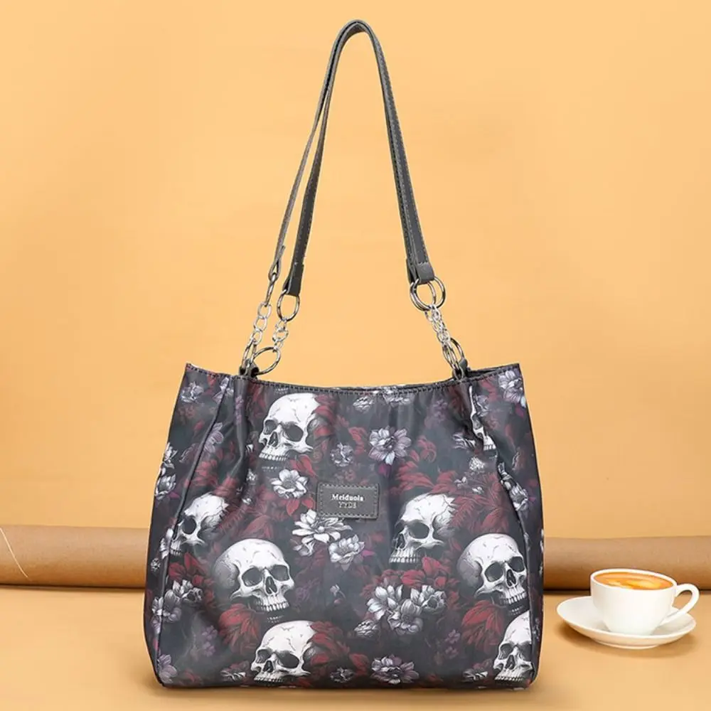 Tas Tote motif kerangka kapasitas besar tas belanja modis tas gaya Gotik multifungsi tas tangan Halloween kain Oxford