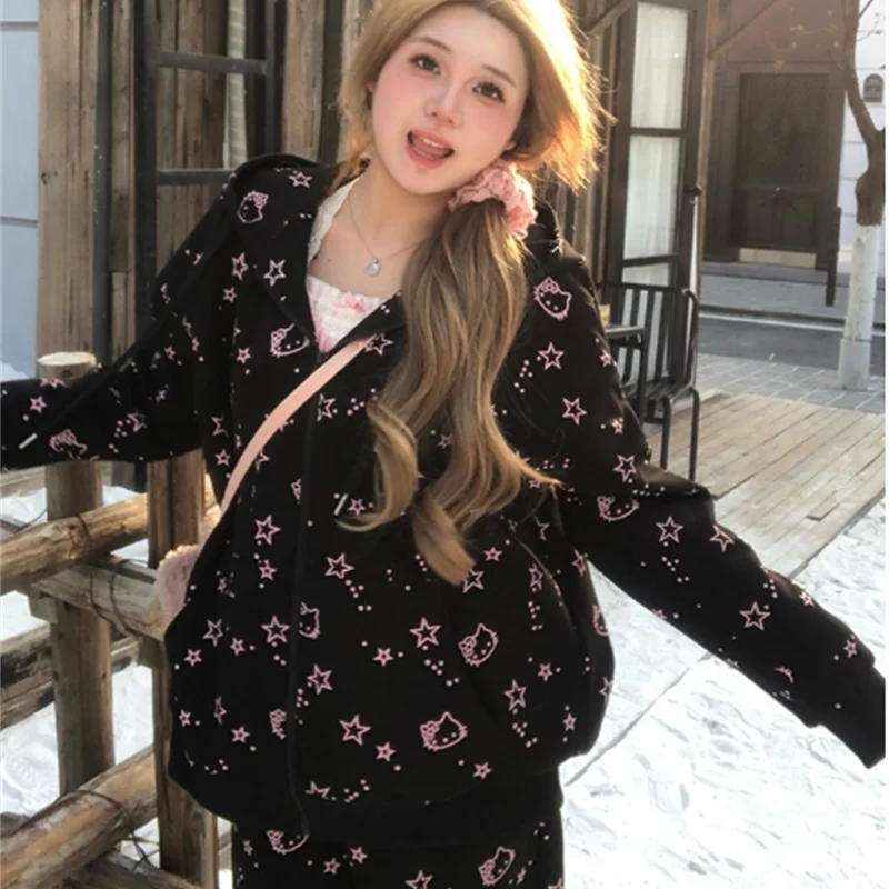 

Kawaii Hello Kitty, толстовка для девочек, костюм Sanrio, штаны с героями мультфильмов аниме, кардиган, топ с капюшоном, спортивный костюм, верхняя повседневная одежда, хит продаж