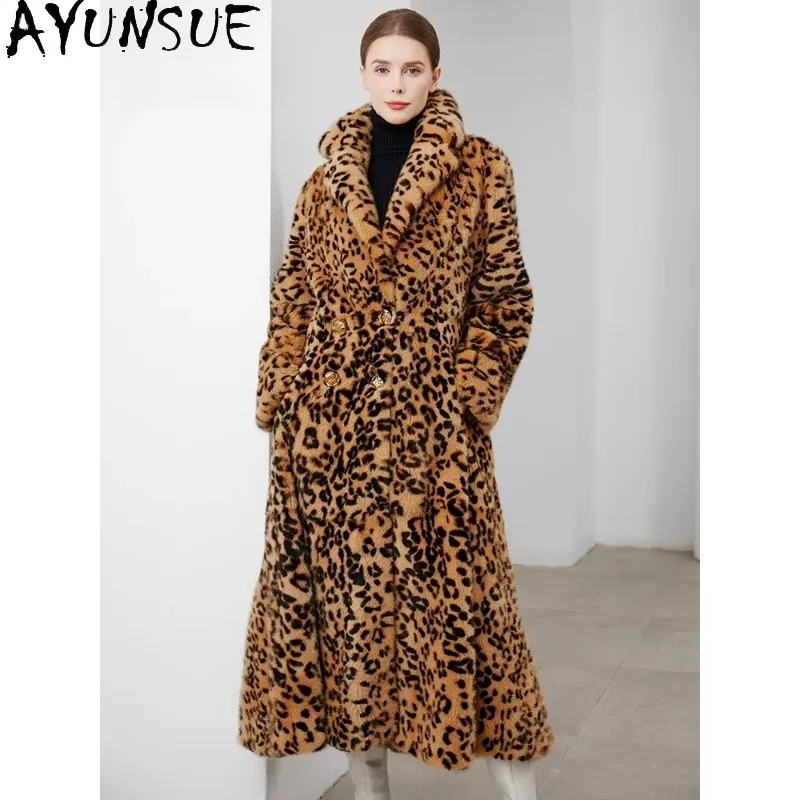 AYUNSUE Purple Label Velvet Mink Fur Coats Woman Leopard Print Long Fur Coat Whole Mink Coat Luxury Woman Clothing Шуба Женская