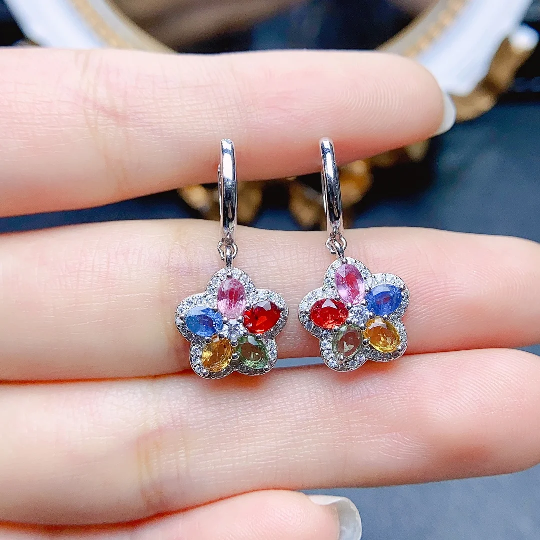 

FS 3*4mm Natural Color Sapphire S925 Sterling Silver Flower Earrings for Women Certificate Fine Charm Weddings Jewelry MeiBaPJ