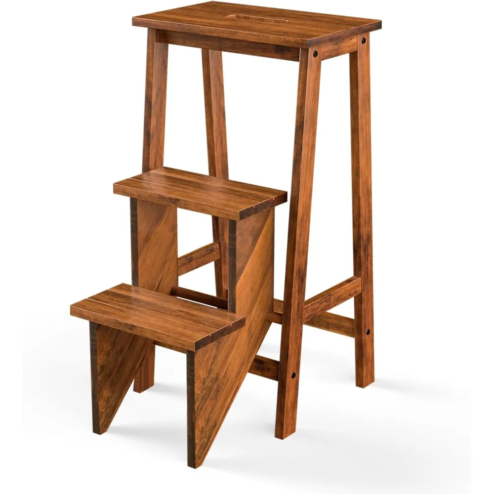 

3 Tier Folding Step Stool, Rubber Wood Multifunctional Ladder Chair Bench, Portable Utility Seat, Flower Rack, 200 Lbs C