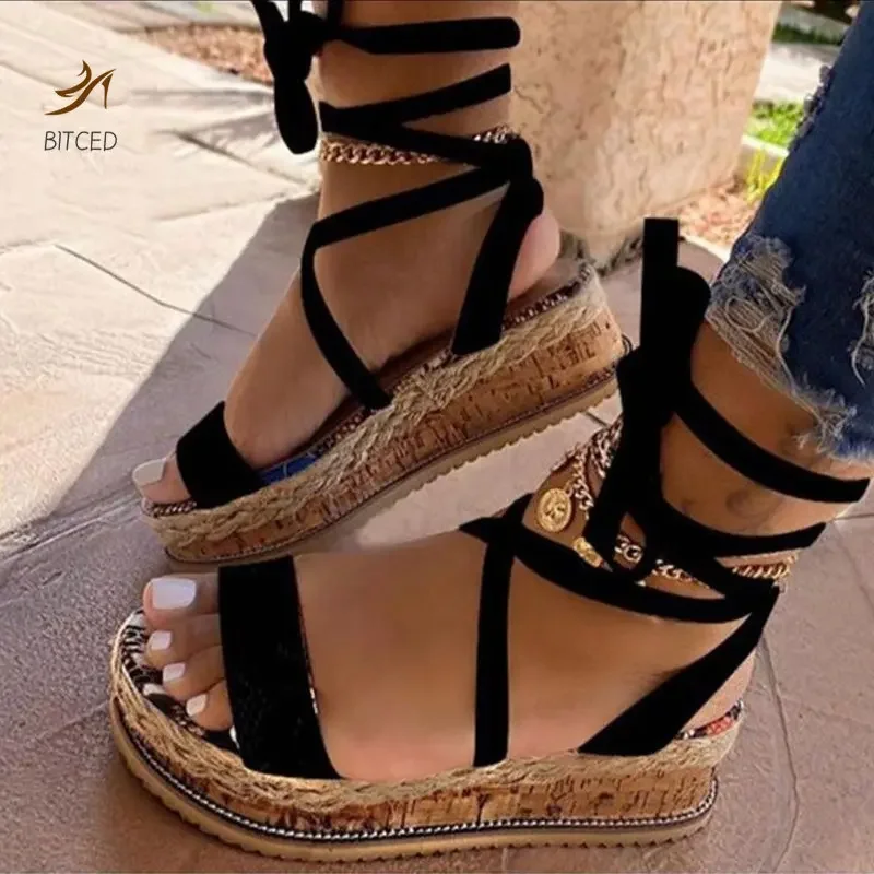Women Sandals Summer Snake Wedge Shoes Ethnic Print Fashion Casual Lace Up Women Shoes Beach Ladies Plus Size Shoes Sandals