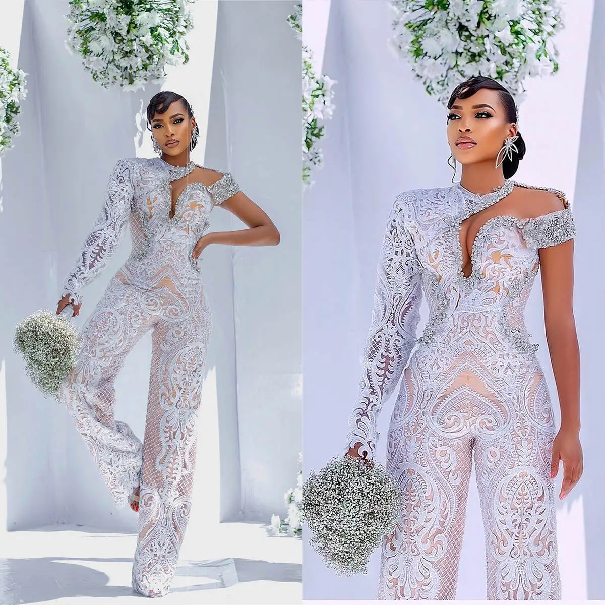 Country  Wedding Jumpsuits Dress One Shoulder Beading Bridal Gowns Lace Long Sleeve Elegant Birde Dresses