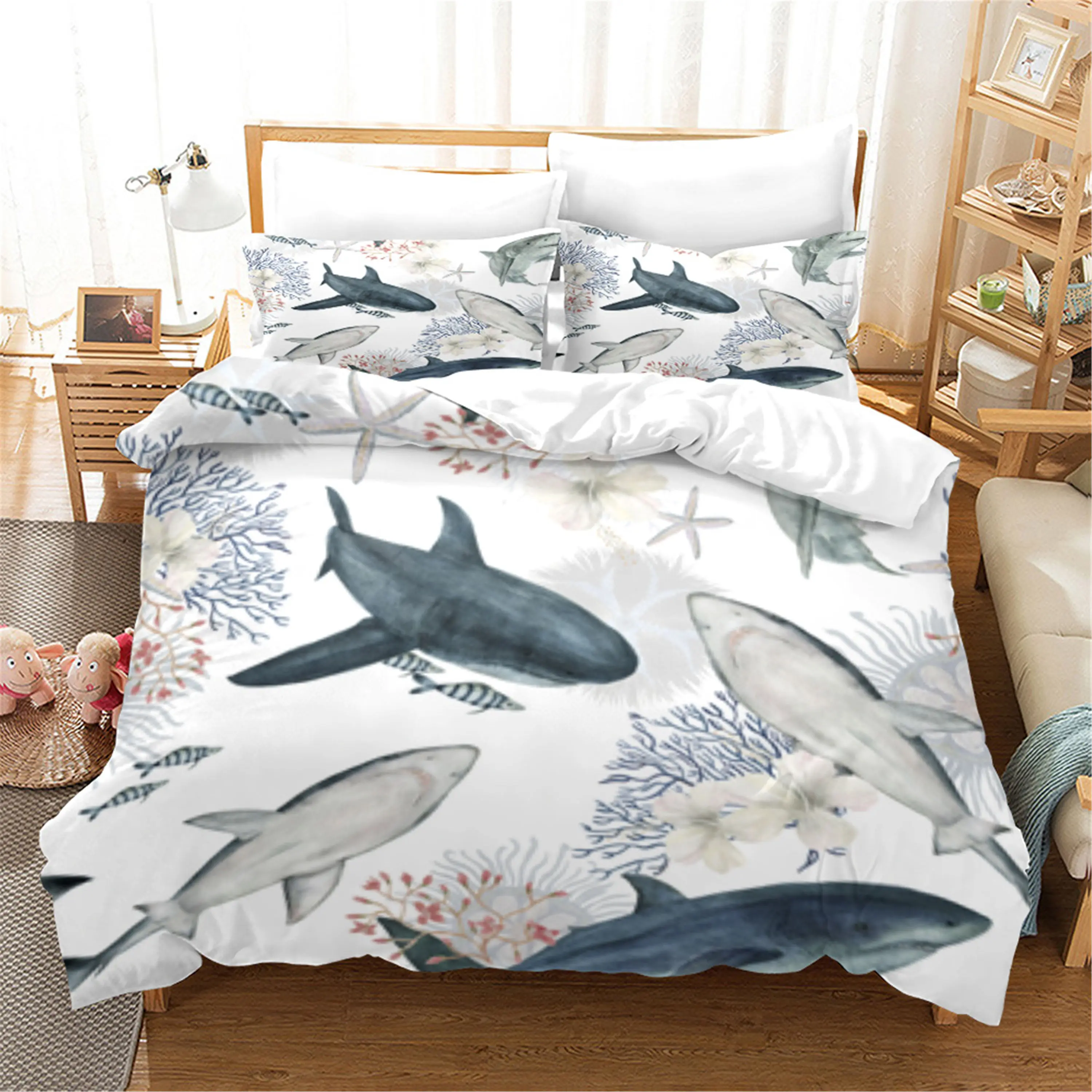 3D Blue Ocean Sharks Duvet Cover with Pillow Cover Bedding Set Single Double Twin Full Queen King Size Bed Set for Bedroom Decor