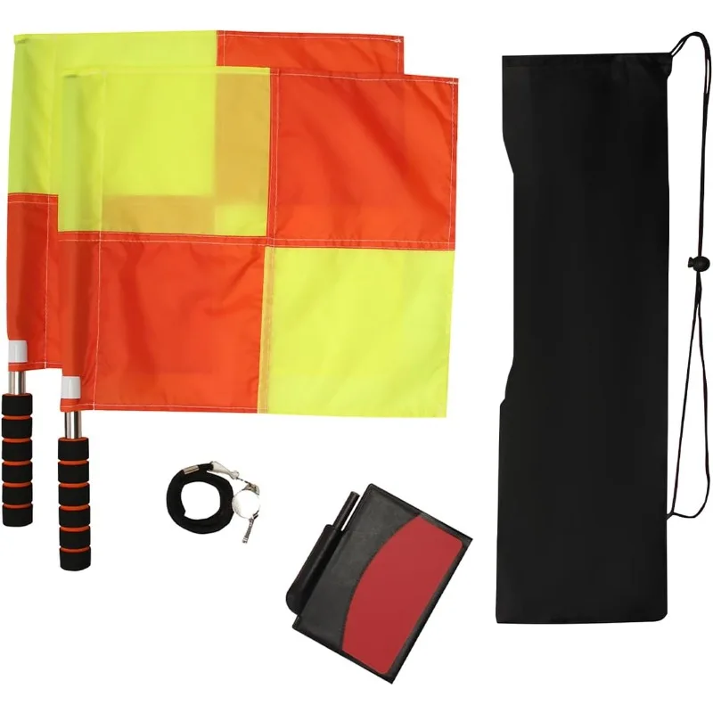 

Soccer Referee Kit 2 Pcs Checkered Linesman Soccere Flags, Red Yellow Ref Cards with Notebook and Pencil,Coach Stainless Steel W