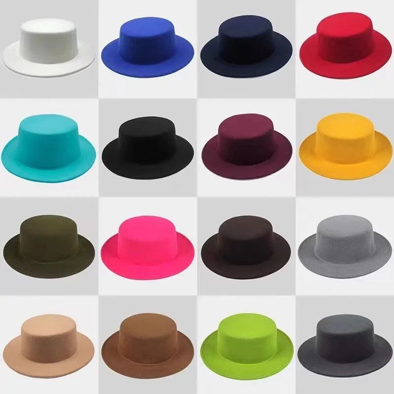 Flat Top hat Girl Fedoras Hats for Women Solid Color Imitation Woolen Jazz Cap Elegant British Wide Brim Ladies Caps Bowler Hats