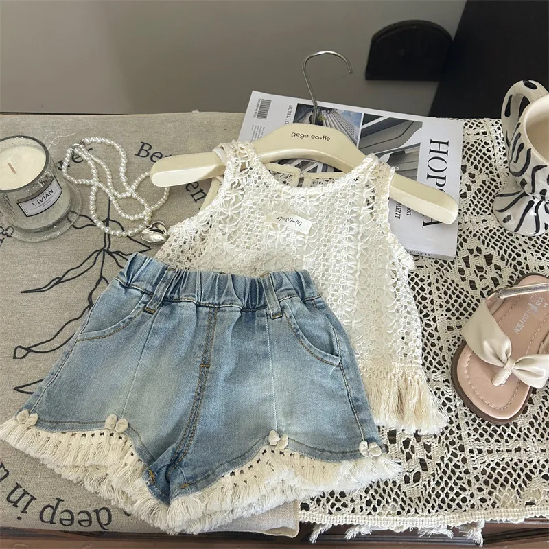 

Children Clothing Set Korean Style 2024 New Fashionable Summer Girls Hollow-out Vest Halter Shirt Denim Shorts Three-piece Set