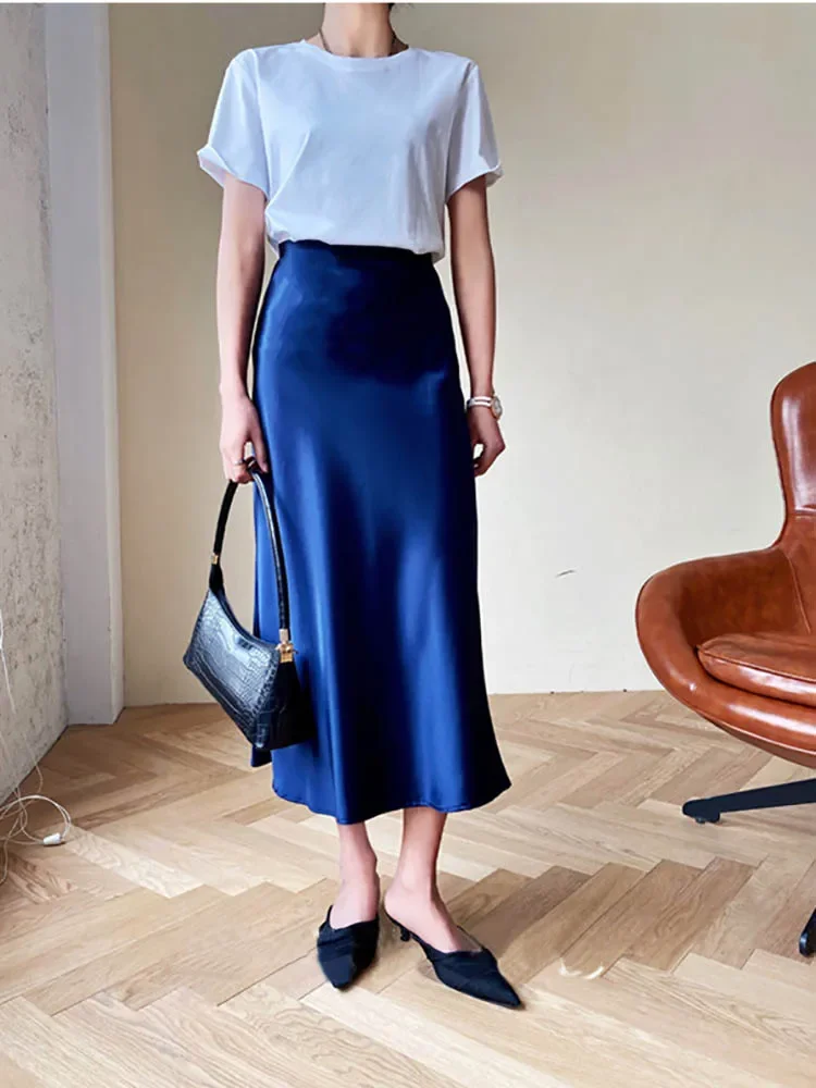 Silk Satin Skirts for Women Korean Style Champagne Office High Waist A-line Skirt Fashion Elegant Solid Long Pencil Skirt 2024