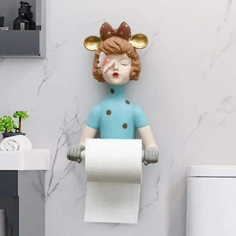 Nordic Cute Girl Punch-free Tissue Box Paper Towel Napkin Holder Resin Decoration Bathroom Toilet Paper Roll Towel Rack Crafts