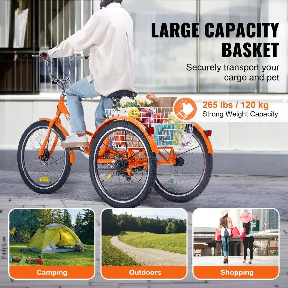 Lightweight 24 Folding Adult Tricycle - Aluminum 3-Wheel Cruiser with Large Rear Basket, Ideal for Shopping & Picnics, Seniors &