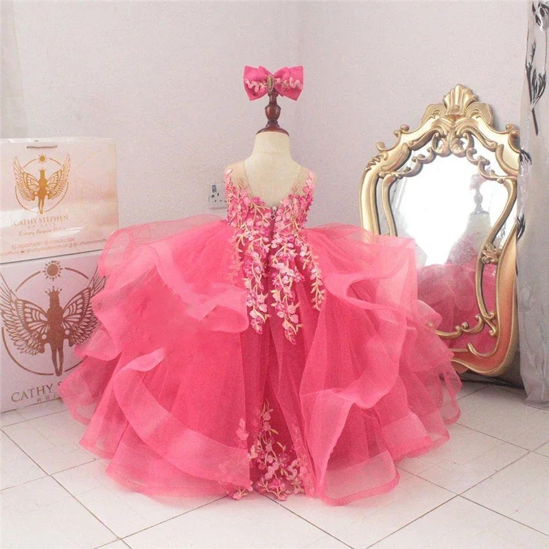 Flower Girl Dress Red Tulle Appliques Fluffy Butterfly Sleeveless Ball Gown Kids Girls Birthday Party Evening Customise Gowns