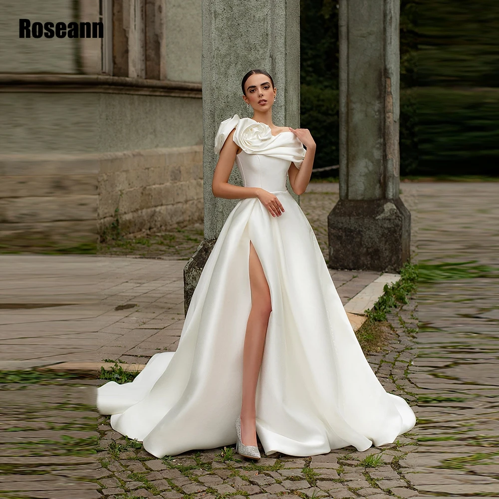 

Customized Elegant 3D Flower Wedding Dresses High Side Slit Bridal Gowns Applique Zipper Back A Line robe de mariée 2025 New