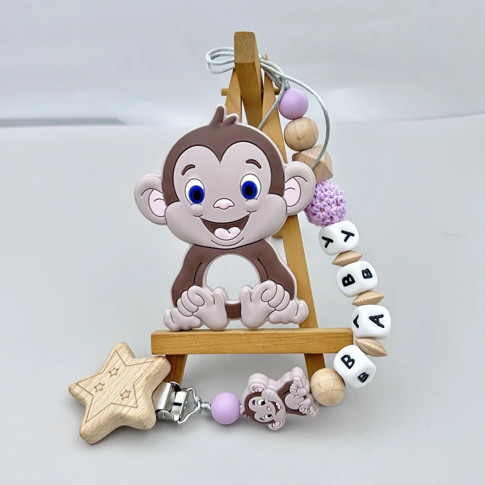 Personalized English Wooden Letters Name Baby Silicone MonkeyPendant Pacifier Clips Chains Holder Teether Baby Kawaii Toy Gifts