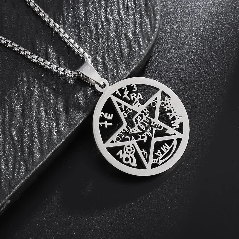 Jewish Hebrew Tetragrammaton Wicca Pentagram Pendant Stainless Steel Necklace for Men Women Religious Amulet Jewelry