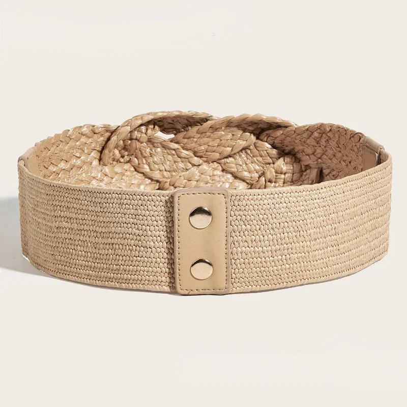 

Elastic Wide Belt Women's All-match Hand-woven Europe Style Dress Belt Camel Color Girdle Linen Woven PP Straw Belt Beach Style