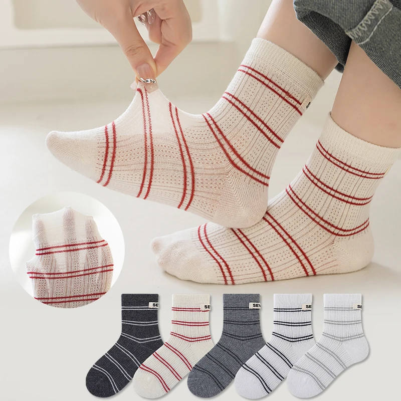 5 Paar Kindersocken-Set, mittellange Babysocken, atmungsaktive gestreifte Baumwollsocken für Kinder, Kinderzubehör