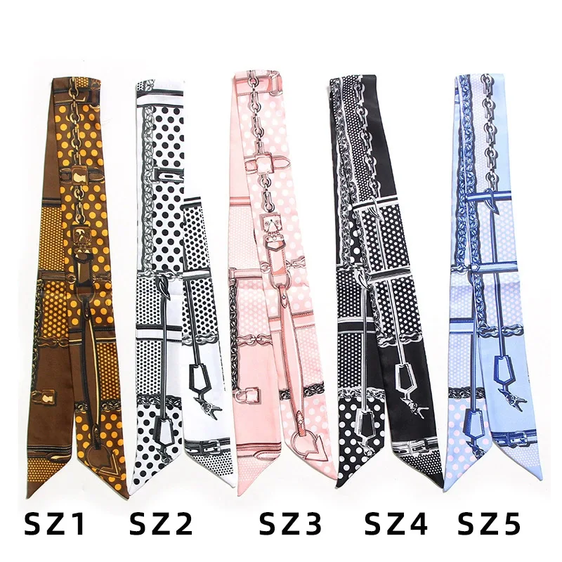 2022 Skinny Silk Scarf Women Luxury Brand Hair Band Plaid Dot Chain Head Scarf Long Ribbon Foulard Wrap Handle Bag Scarves