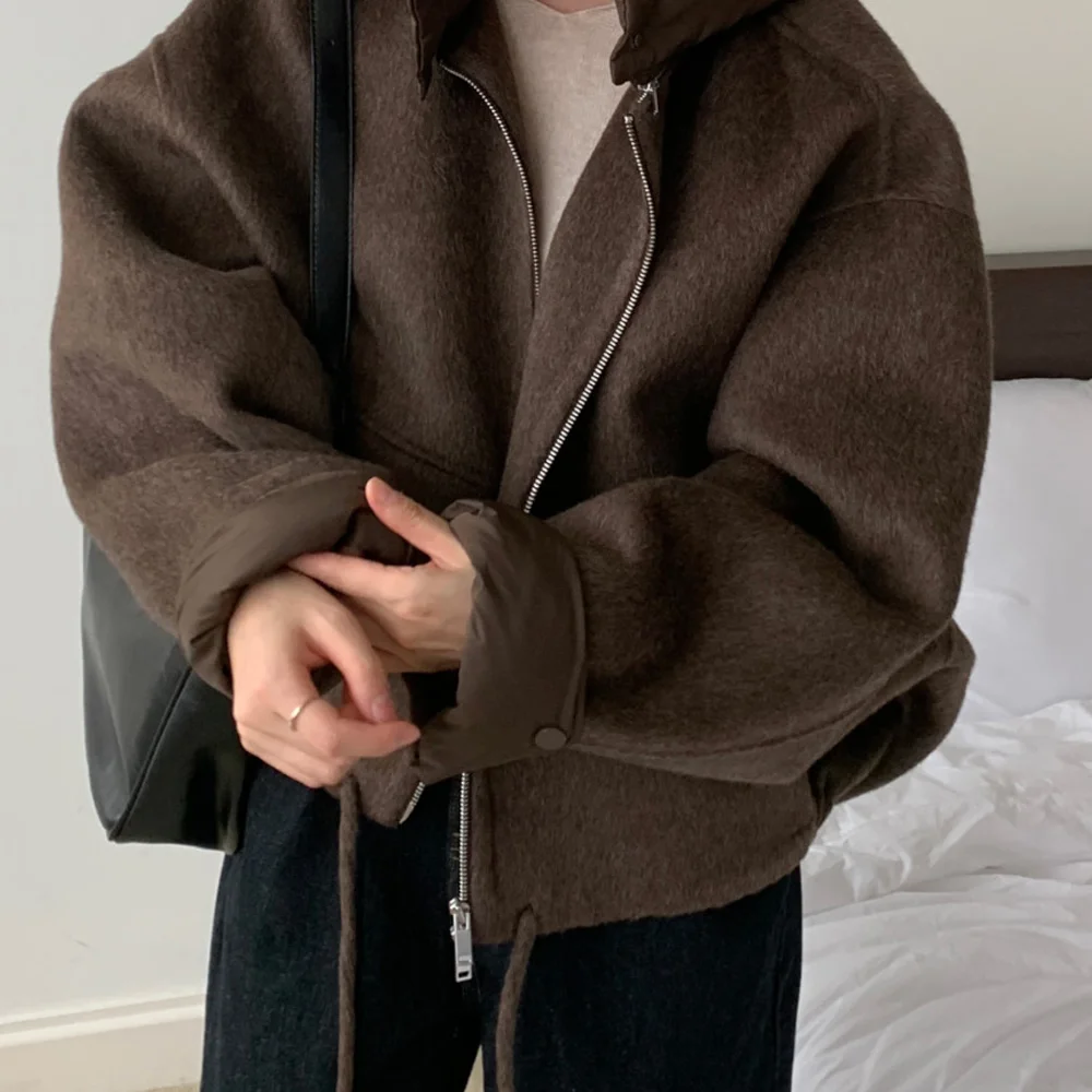 Damska kurtka wełniana jesienno-zimowa, luźny krój, odpinany kaptur, długi płaszcz koreański zapinany na zamek.