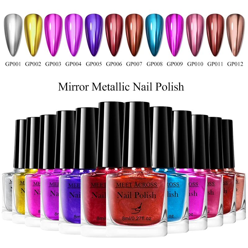 MEET ACROSS 8ml Mirror Metallic Nail Polish No Need Lamp Saving Time DIY Nail Art Manicure Design For Nails Painting Varnish