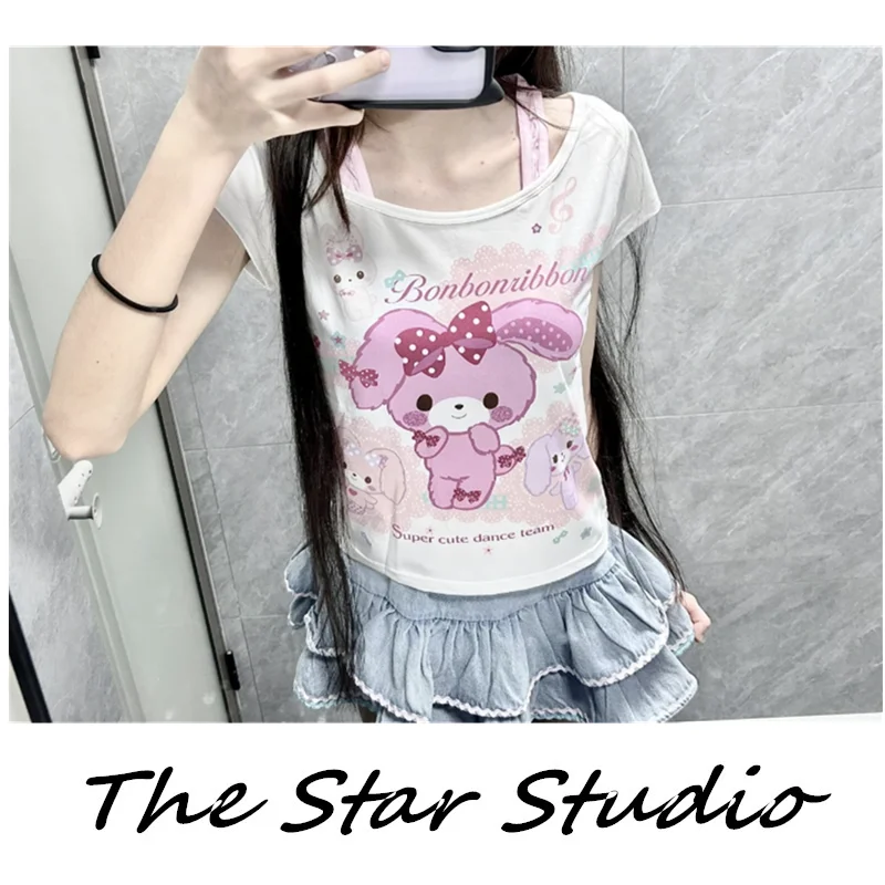 

Y2K Millennium Pink Super Sweet Bubbles Rabbit Print ort Sve Women's Cute Slim Fit T-irt Harajuku Soft Girl