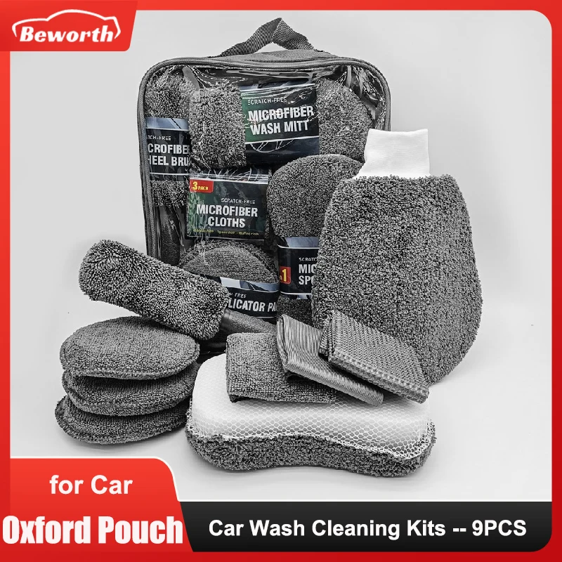 

9PCS Car Cleaning Kit Cloth Brush Sponge Washing Glove Tire Rear View Mirror Air Outlet Microfibre Towel Auto Wash Accessories