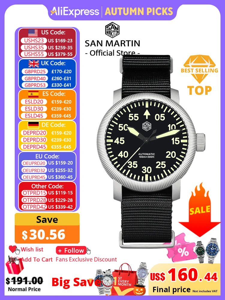 San Martin New 40mm Retro Pilot YN55 Automatic Mechanical Fashion Simple Style Men Wristwatch 100m Waterproof C3 Luminous SN0143