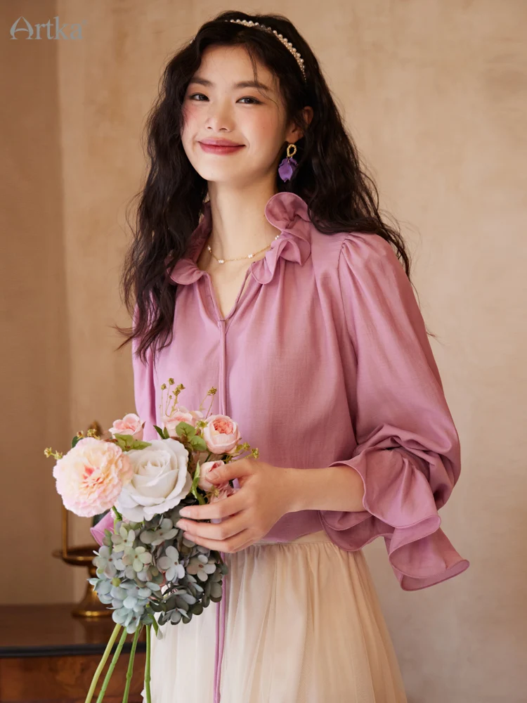 ARTKA 2023 Spring New Women Blouse French Elegant Palace Style Ruffle Stand Collar Lace-up Shirts Flare Sleeve Shirt SA92038C