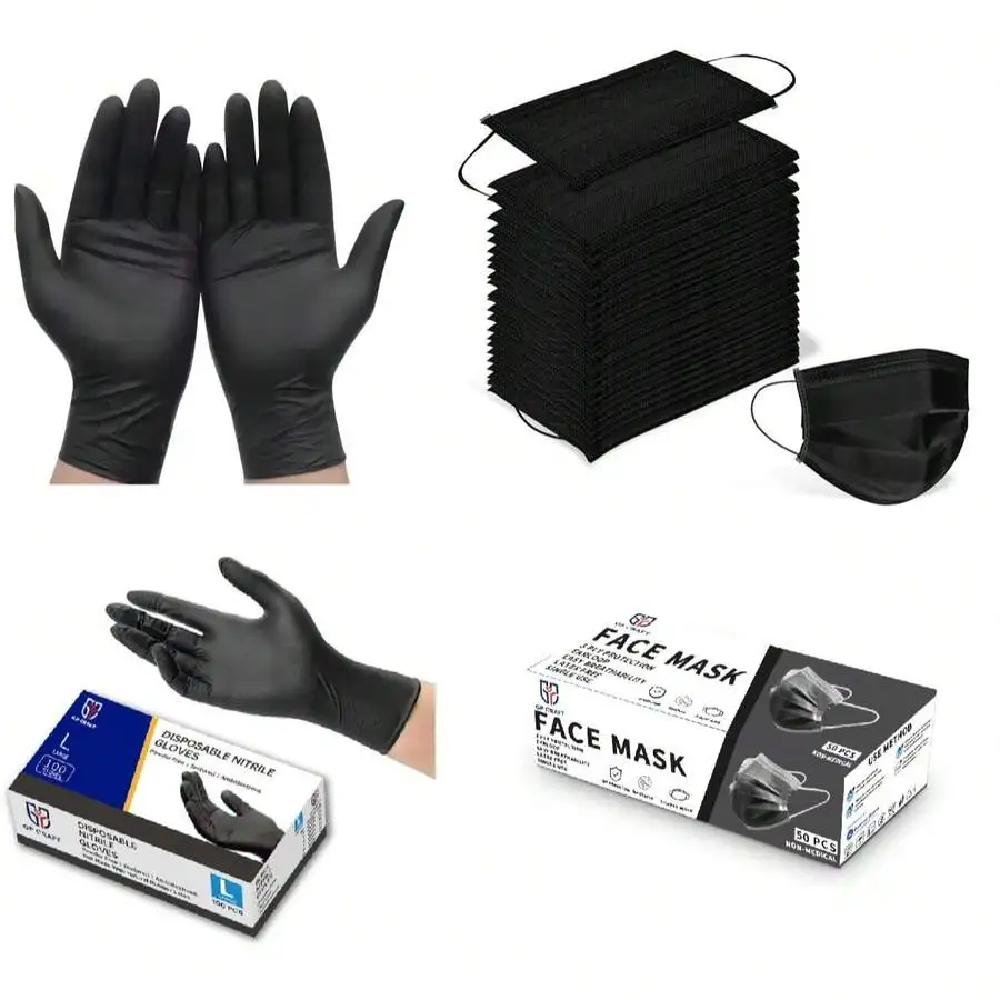

100Pcs 3.5Mil Black Disposable Nitrile Gloves+50pcs Disposable Black Mask, Water Resistant, Powder-Free, Latex-Free, Non-Sterile, Outdoor Food Household Cooking Cleaning Hair Nail Tattoo Salon