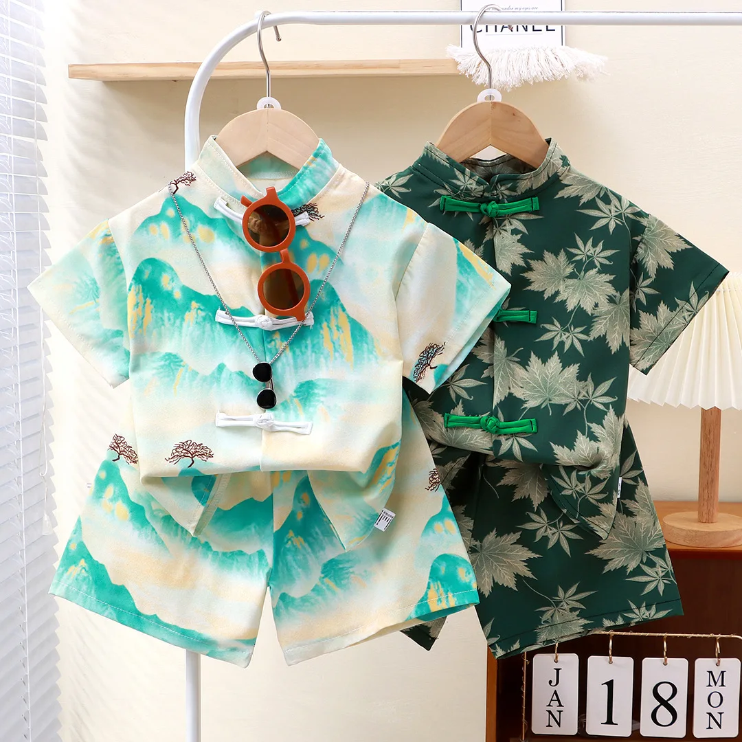 Children's T-shirt Shorts for Boys Summer Clothing Sets Novel Graffiti Design Kids Suit Flower Print Girl Open Stitch Shirts Set