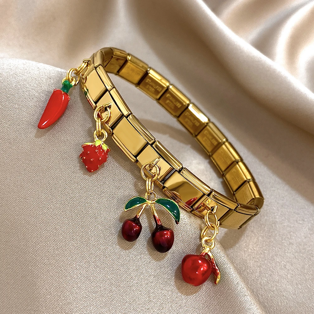 Greatera Fruits Series Stainless Steel Bangle For Women Chili Apple Cherry Strawberry Pendant Strap Bracelet Jewelry Gift Chic