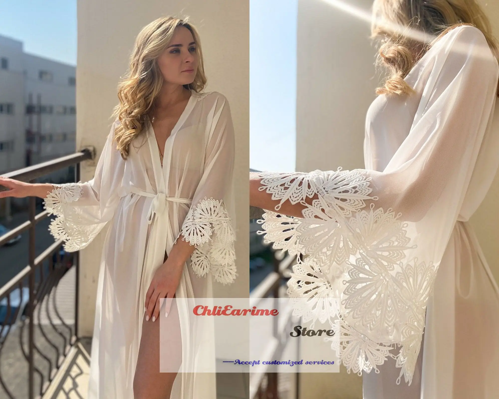 2023 Bridal Wedding Robe Long Sleeves Lace Photo Shoot Lingerie Boudoir Gown