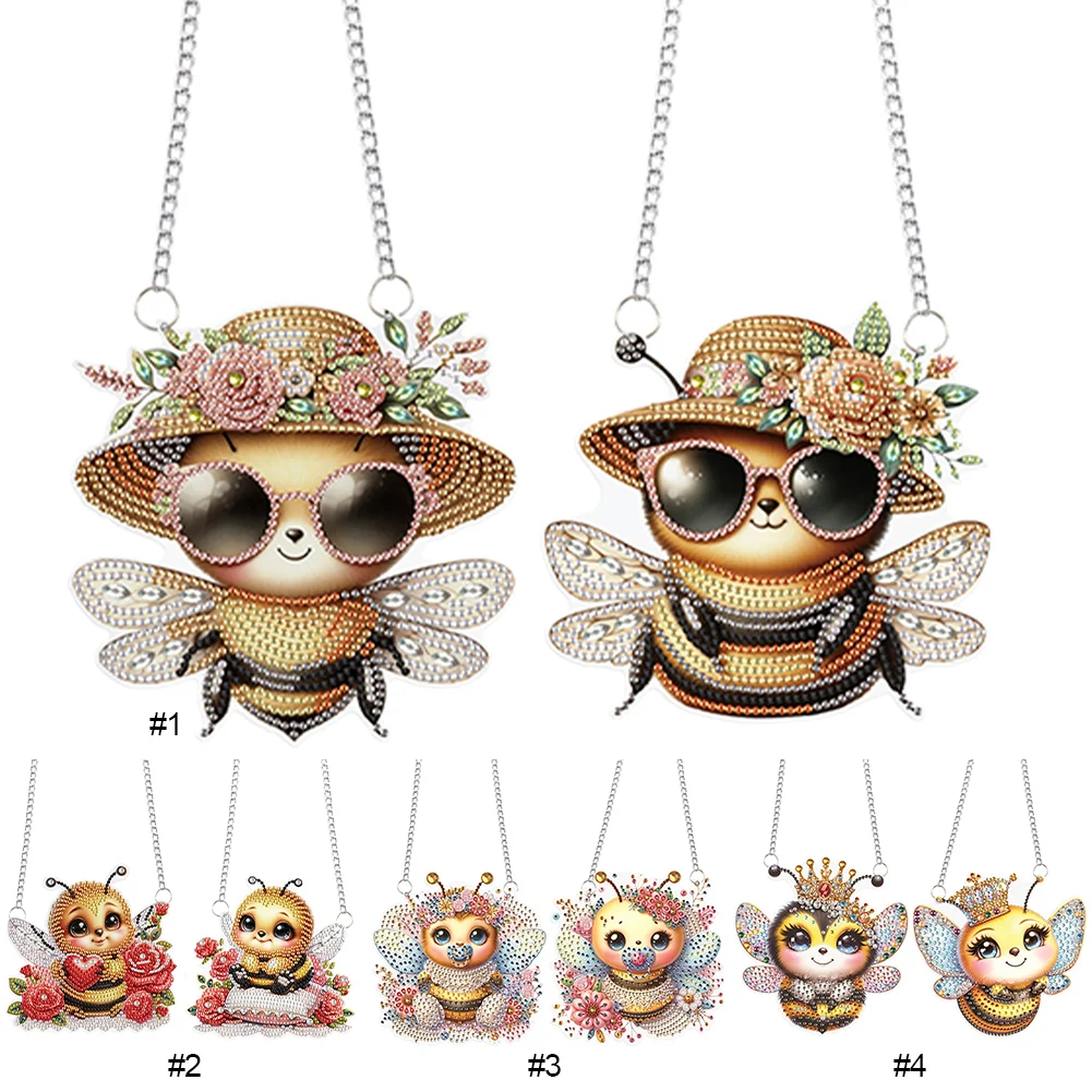 2pcs Bee Theme 2D Flat DIY Diamond Painting Set Hanging Diamond Art Kits Diamond Art Pendant DIY Home Decor Hanging Charm