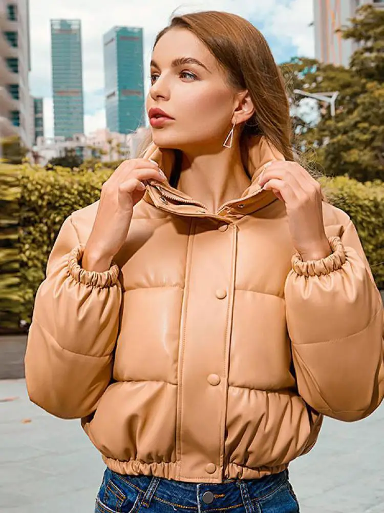 Winter Warm Thick PU Leather Coats Women Short Parkas Fashion Black Cotton Padded Lady Down Jacket Elegant Zipper Clothes 2024