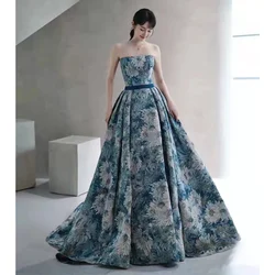 Elegant Flower Evening Dress For Women Blue Green Strapless A-line Pleat Detachable Sleeve Belt Banquet Party Formal Prom Gowns