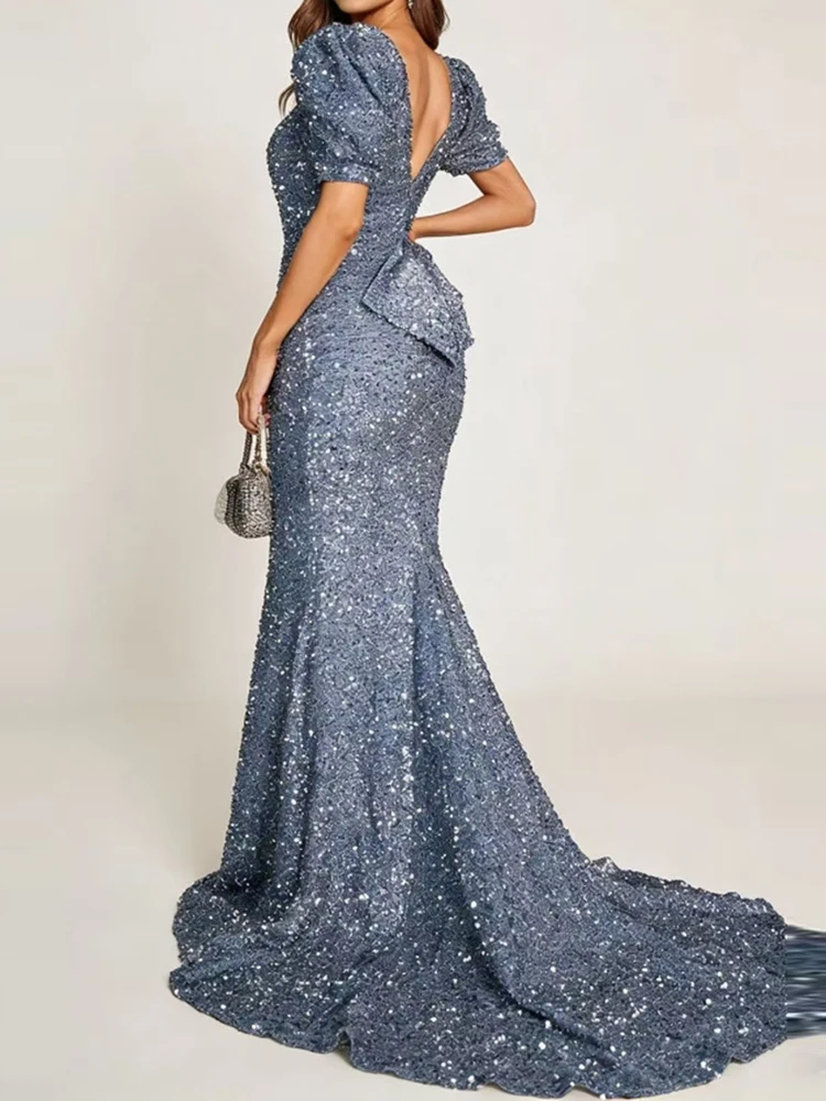 Sexy, plissiertes, bodenlanges Kleid mit hoher Taille, elegantes, rückenfreies, solides Abendkleid für Damen, modisches, schmales Abendkleid mit V-Ausschnitt und Pailletten