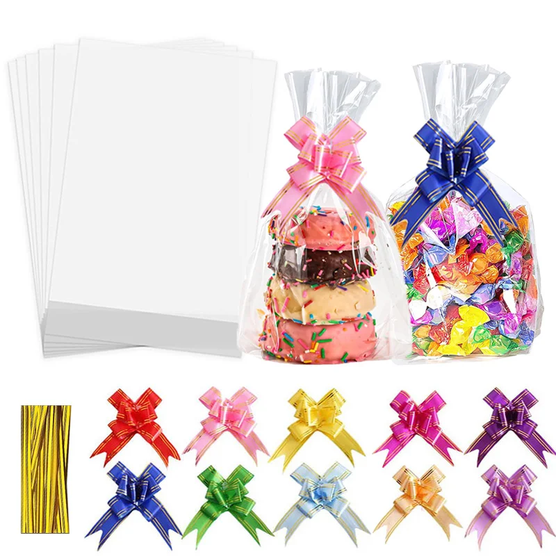 50 Kunststoff-Geschenktüten mit goldenen Bändern und dekorativen Schleifen, geeignet zum Aufbewahren von Süßigkeiten, Pralinen und anderen Partygeschenken.