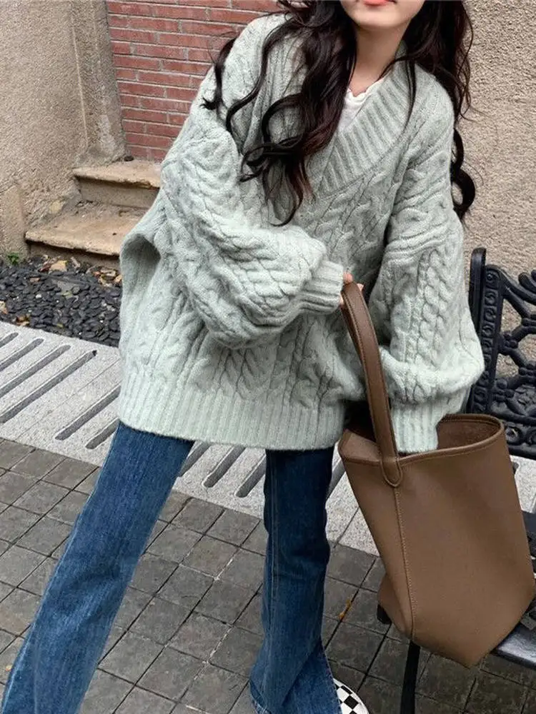 الوردي الخريف الشتاء Thiened الدافئة V-ne لينة الملتوية سترة المرأة فضفاضة محبوك أعلى الكورية Sle عارضة Faion البوليستر... #4