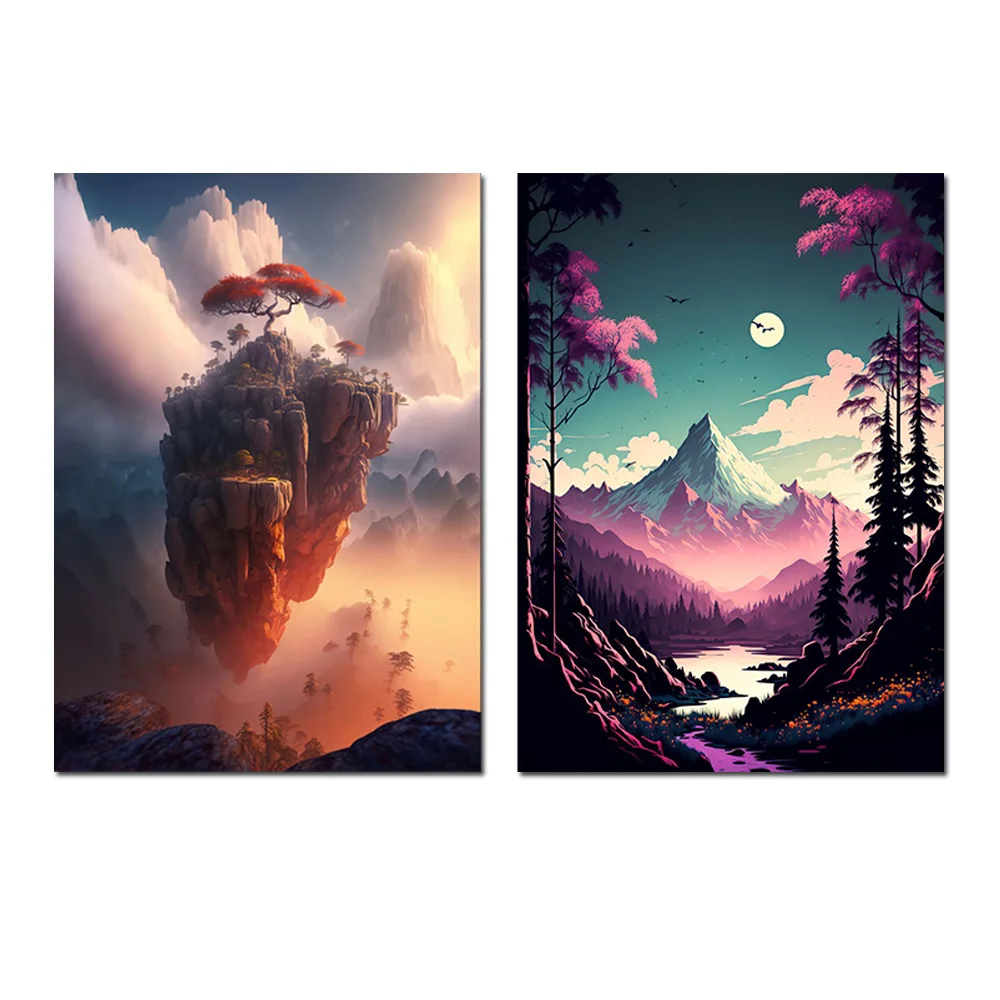 Fantasy Mountain Forest Painting Abstract Landscape Wall Art Canvas Prints Poster Picture for Living Room Home Decor Cuadros