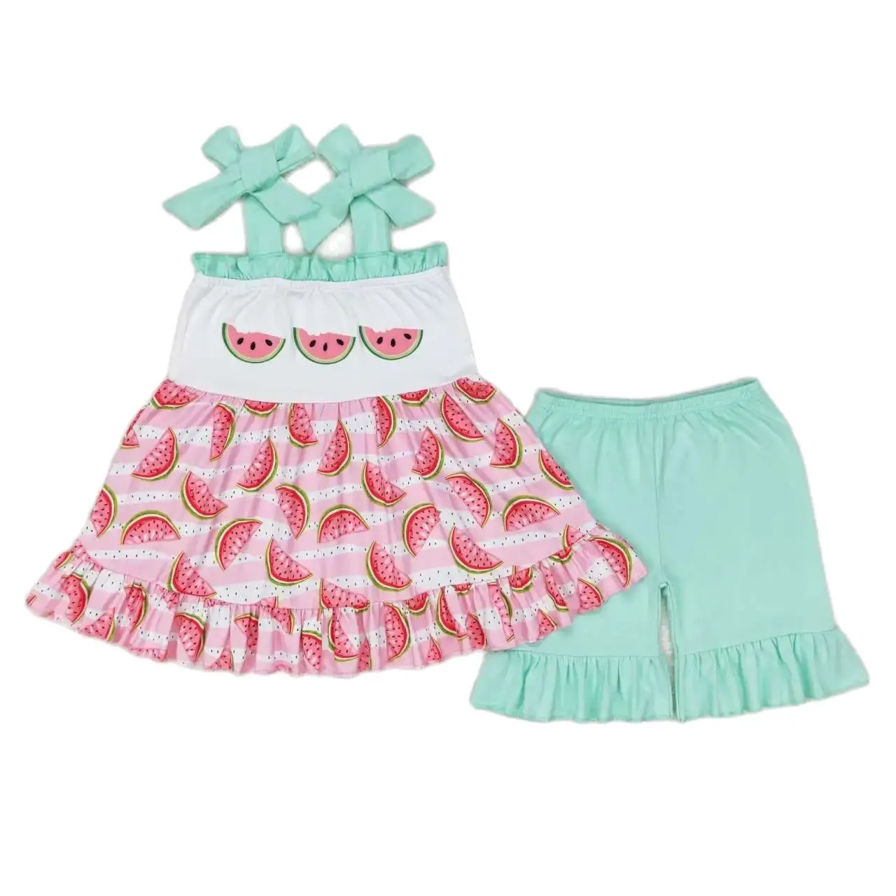 

GSSO0709 Kids Girls Summer Outfit Sets Sling Top Watermelon Pink Striped Teal Lace Bow Print With Shorts Children Clothes